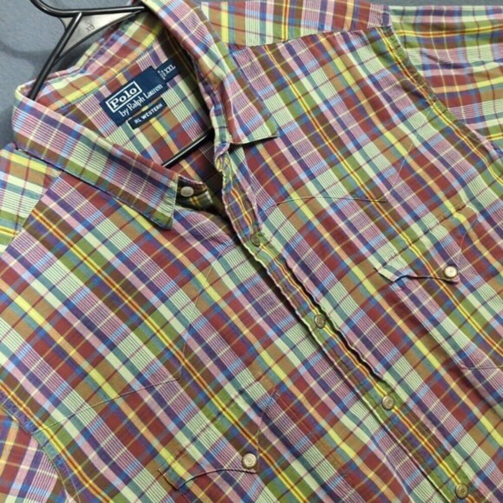 Polo Ralph Lauren Shirt Men's XXL Multicolor Plaid RL Western Snap Short Sleeve